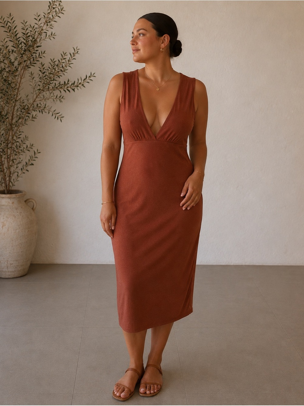 Boohoo Rust Sleeveless V-Neck Midi Dress